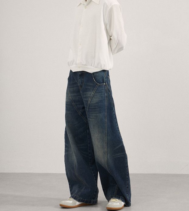Japanese Brand Street curved wash straight leg patchwork wide-leg jeans Size US 32 / EU 48 - 2 Thumbnail