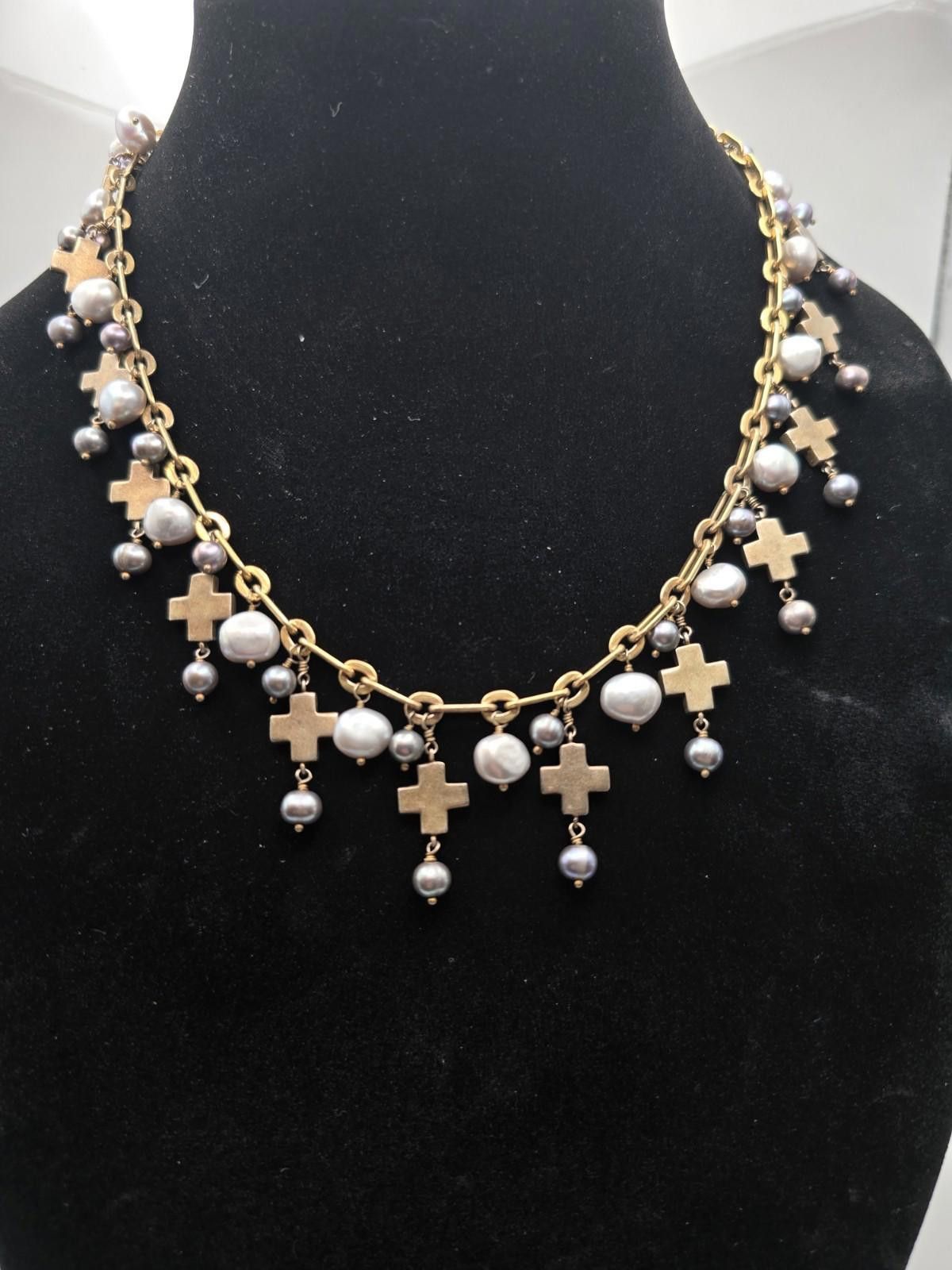 The Unbranded Brand 14k Gold Sterling Baroque Pearl Cross Necklace 20" Paperclip Size ONE SIZE - 1 Thumbnail