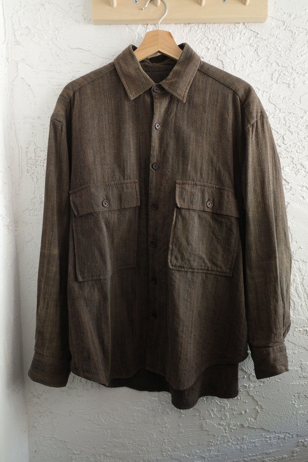 Image of Evan Kinori Brown Cotton Slub Big Shirt Small, Men's