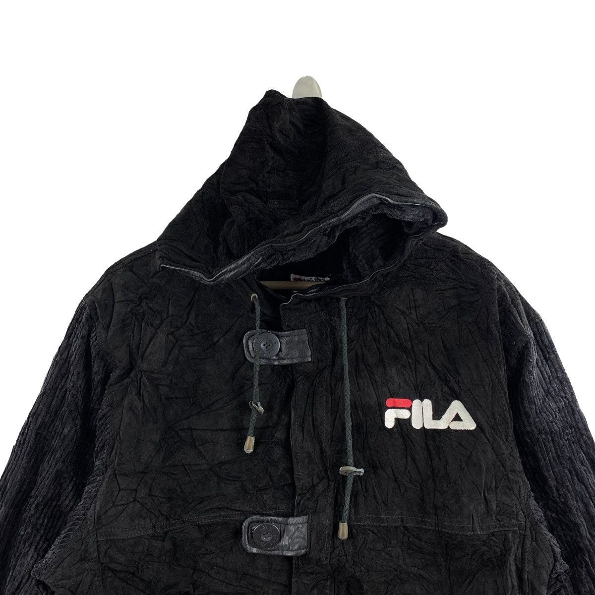Fila × Leather × Vintage Vintage FILA Curdory Velvet Button Up Hooded Leather Black Size US L / EU 52-54 / 3 - 4 Thumbnail