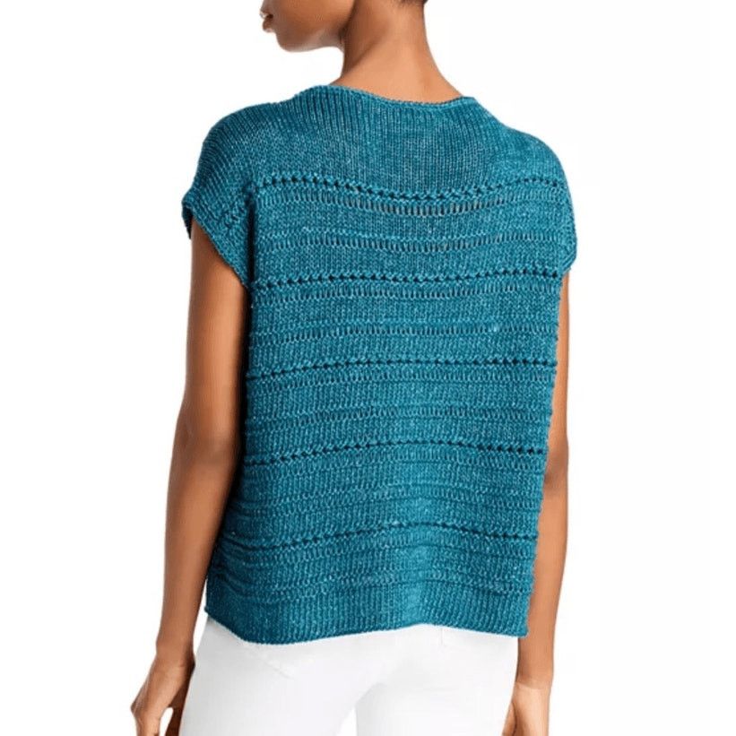 Lafayette 148 Lafayette148 SilkCotton Teal Open Stitch Micro Paillette Top Size XS / US 0-2 / IT 36-38 - 2 Thumbnail