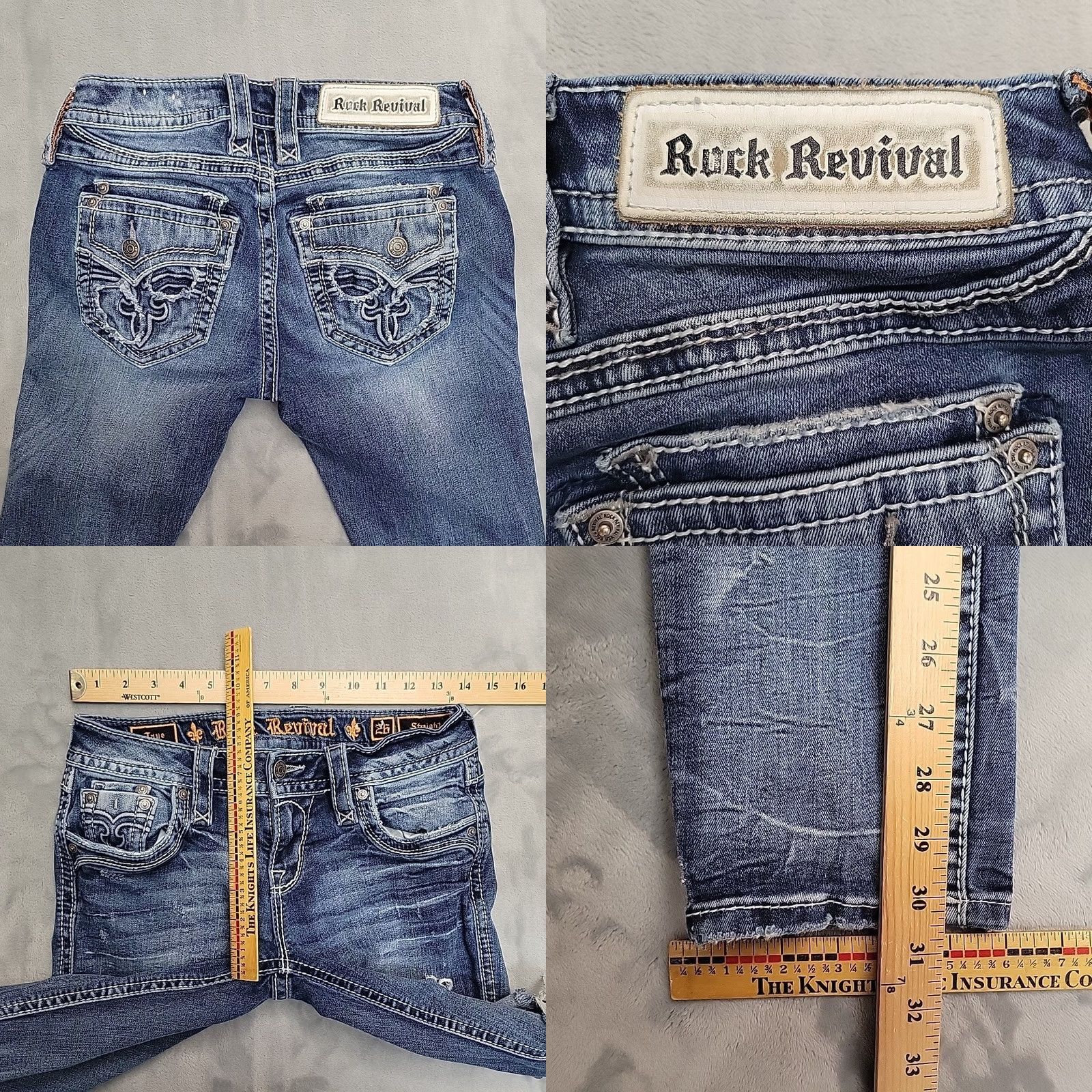 Vintage VINTAGE Rock Revival Jeans SZ 26 Faded Whiskered Distressed Denim Taye Straight Stretch Women Blue Pocket Design 5-Pocket Cowboy Mens Womens Girls Size 26" / US 2 / IT 38 - 8 Thumbnail