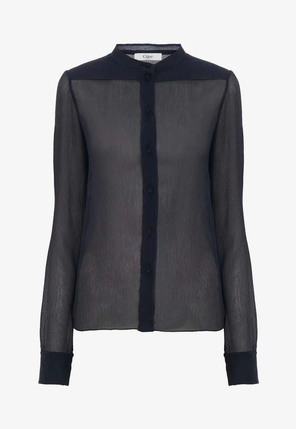 o1loc1c11025 Silk Slim-Fit Collarless Blouse in Navy