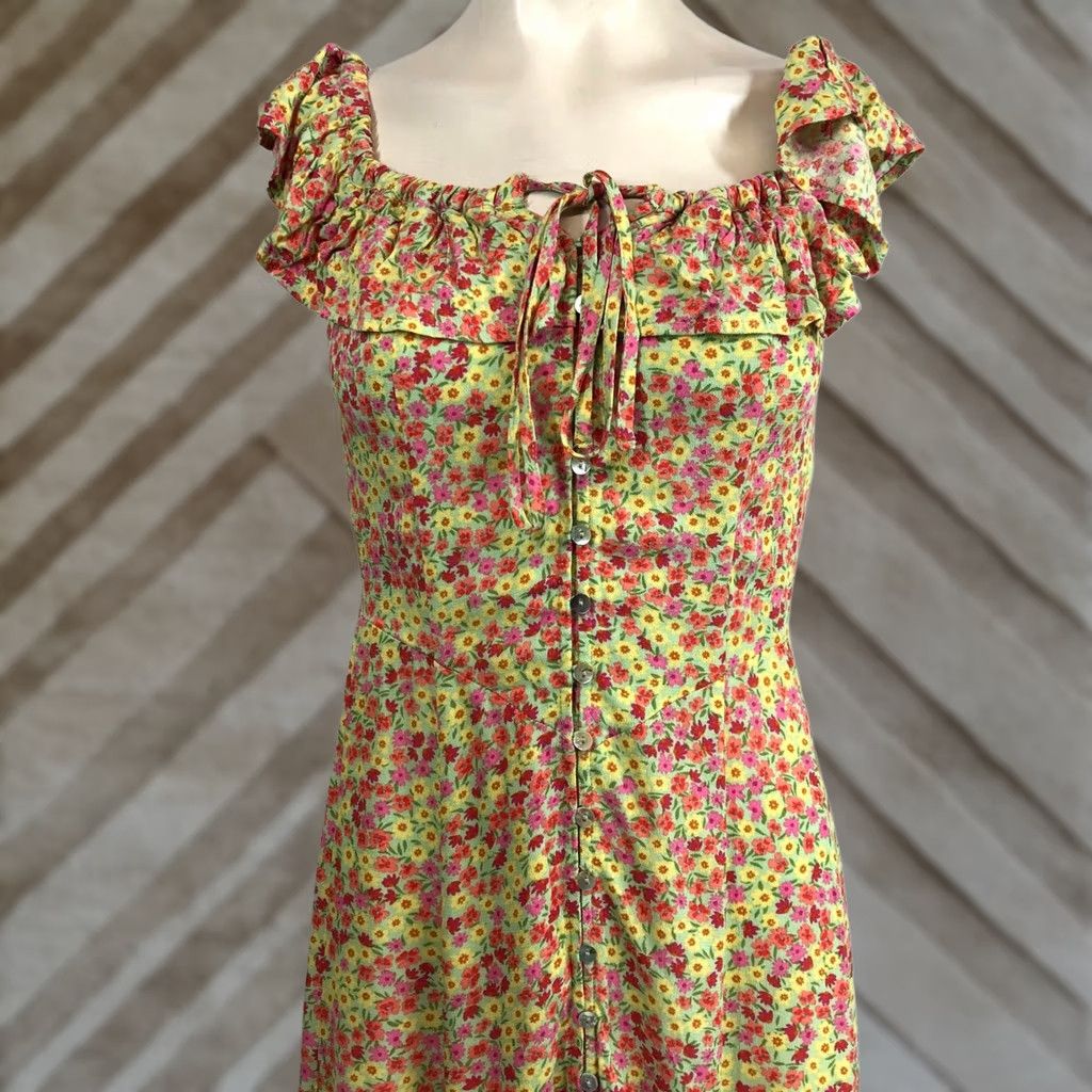 Vintage DRESS FORUM Floral Midi Dress Square Neck Ruffle Sleeve Smocked Back Yellow S Womens Size S / US 4 / IT 40 - 1 Thumbnail