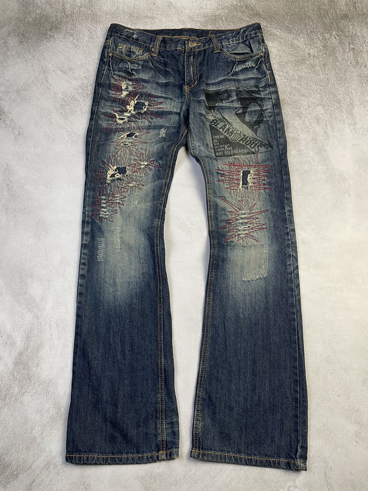 If Six Was Nine Made in Heaven 🇯🇵 Flare Distressed Sashiko Repair Style Jeans Size US 30 / EU 46 - 1 Thumbnail