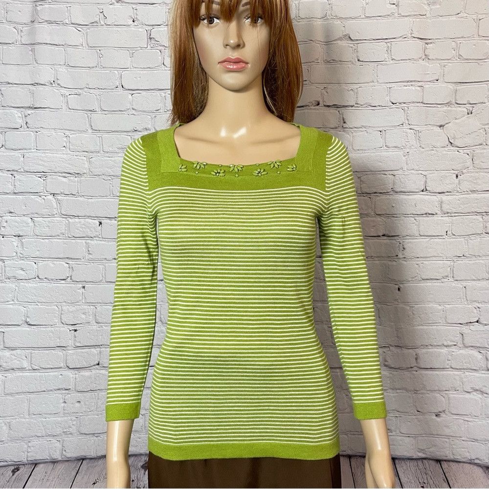 Banana Republic NWT New Banana Republic Green White Cotton Beaded Square Ne Size XS / US 0-2 / IT 36-38 - 1 Thumbnail