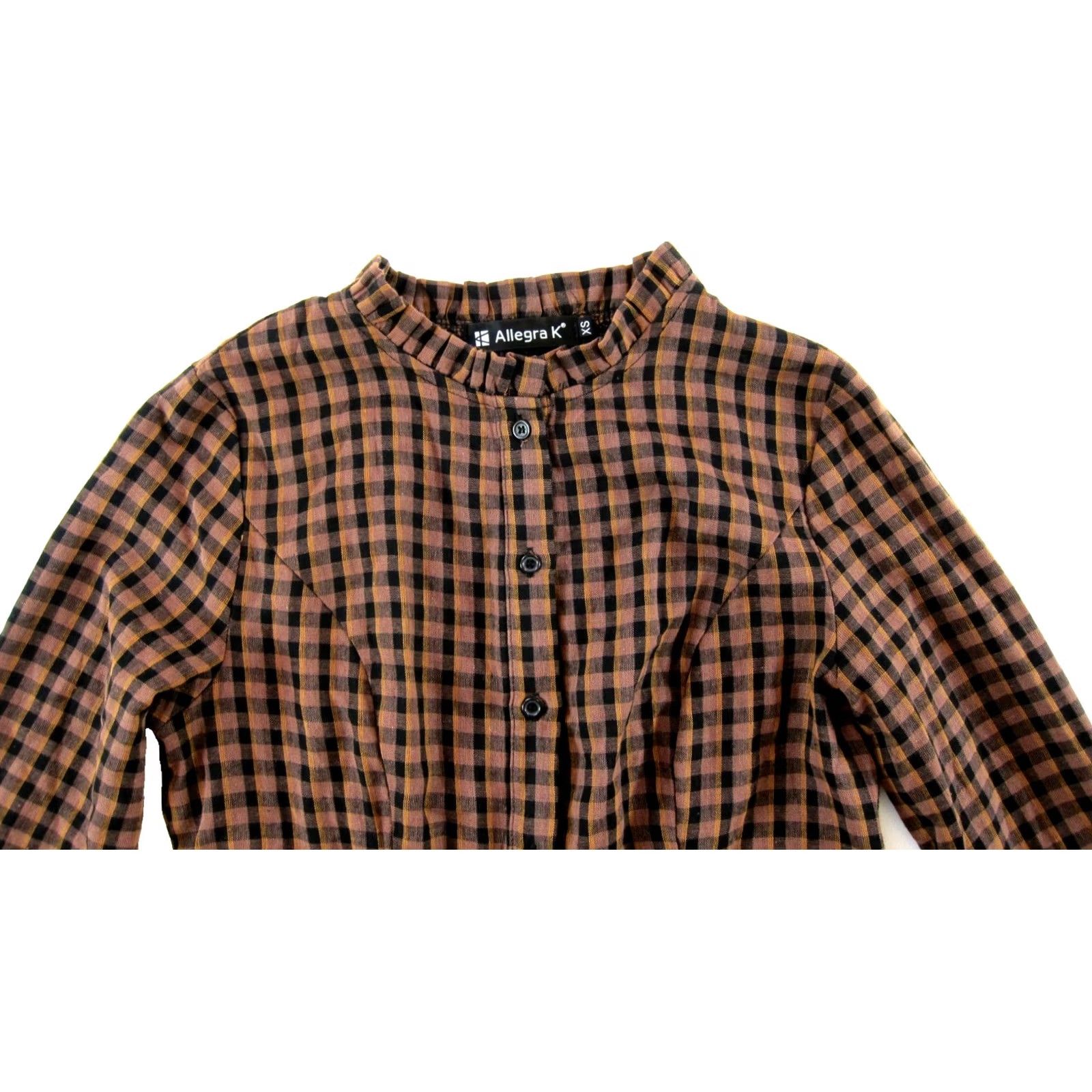 Vintage Allegra K Dress Shirt Brown Black Plaid High Ruffle Neck Button Down Long Sleeve XS Women’s Size XS / US 0-2 / IT 36-38 - 4 Thumbnail