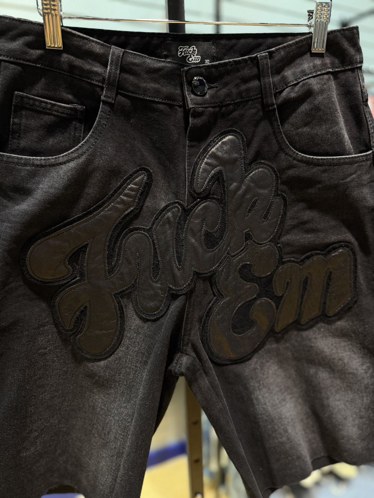 Other Fuck EM Shorts Black Denim Leather Patch Size (30) Size US 30 / EU 46 - 3 Thumbnail