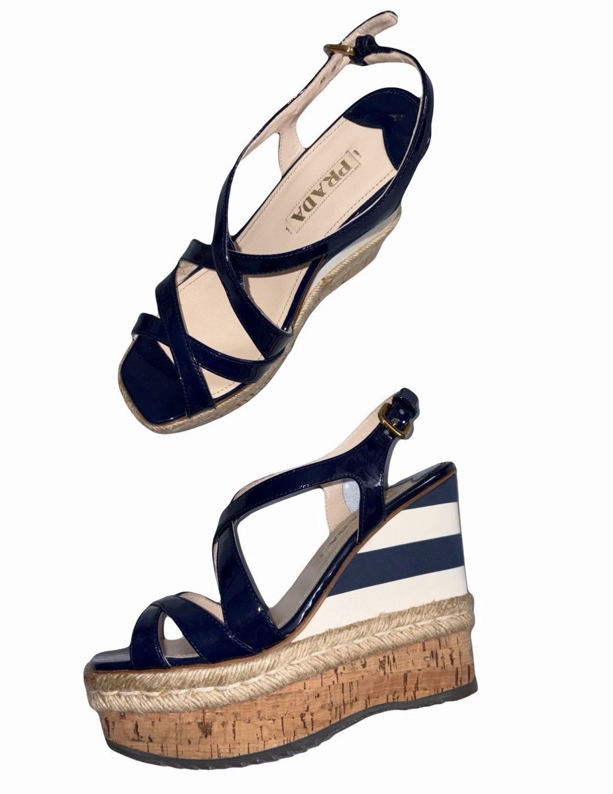 Prada Prada Navy White Stripes Patent Leather Wedge Sandals 38eu Size US 8 / IT 38 - 1 Thumbnail