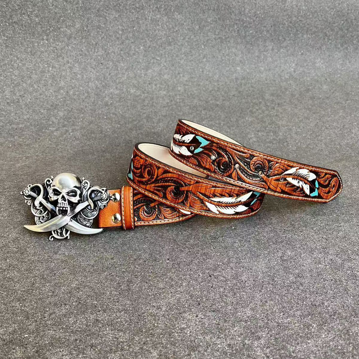 Designer Skull Vintage Belt Riveted Belts Menswear Accessories Size ONE SIZE - 5 Thumbnail
