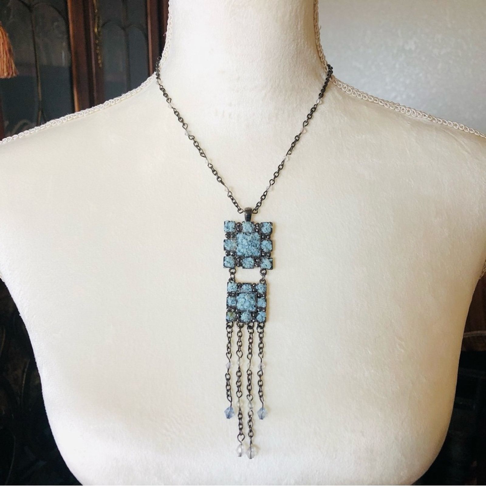 Jewelry Blue coral gunmetal necklace earring and ring jewelry set Size ONE SIZE - 1 Thumbnail
