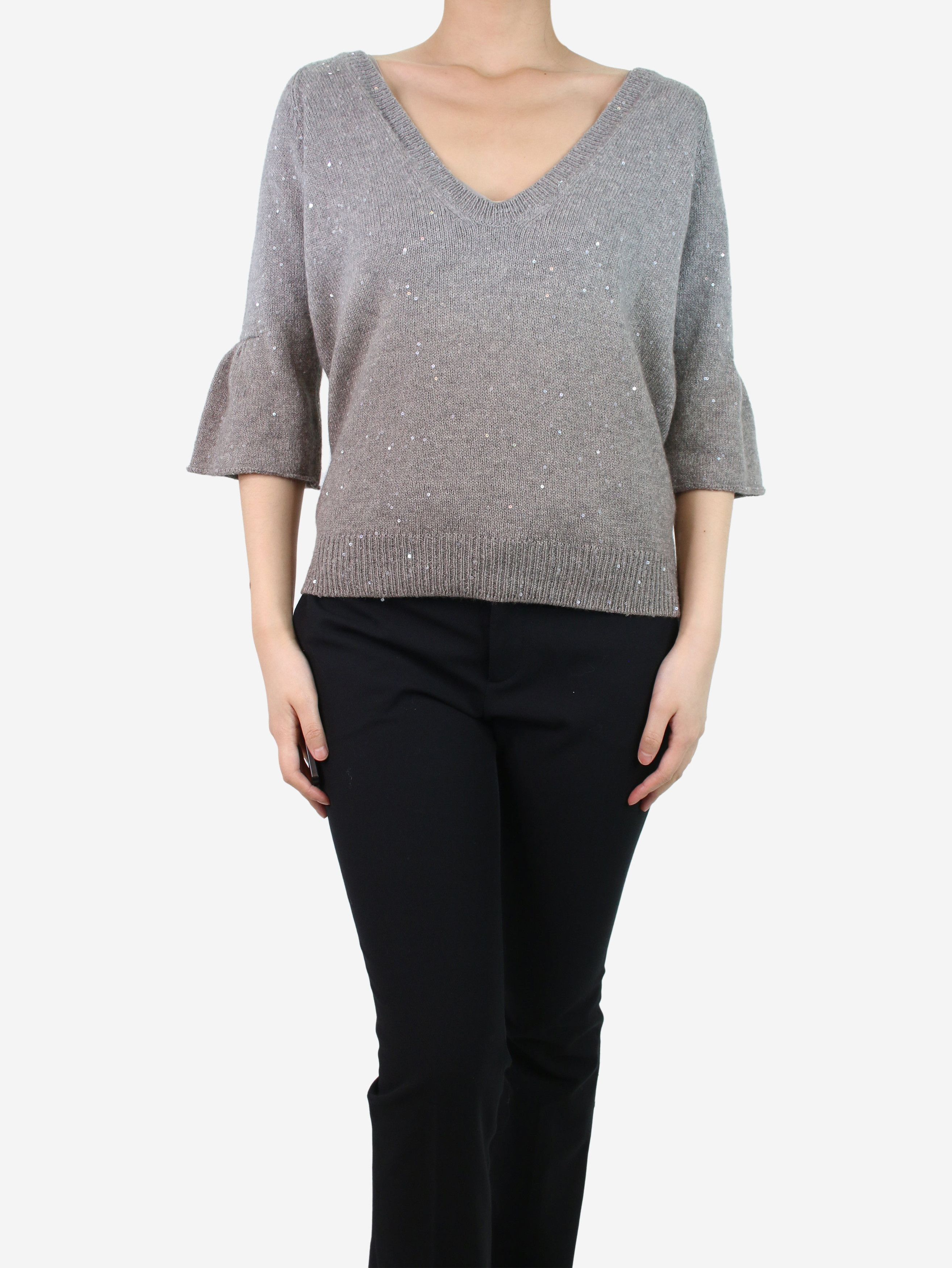 image of Brunello Cucinelli Grey Ombre Deep V-Neck Jumper With Bell Sleeves - Size Xl, Women's