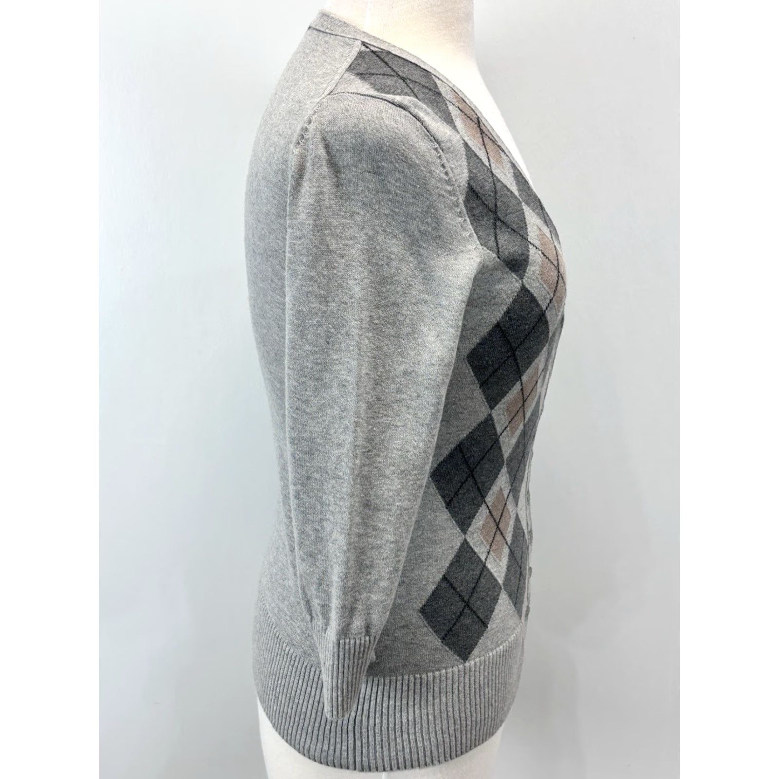 Vintage The Limited Grey Argyle Cardigan Sweater Women's Small Stretch Y2K 3/4 Sleeve Size S / US 4 / IT 40 - 4 Thumbnail