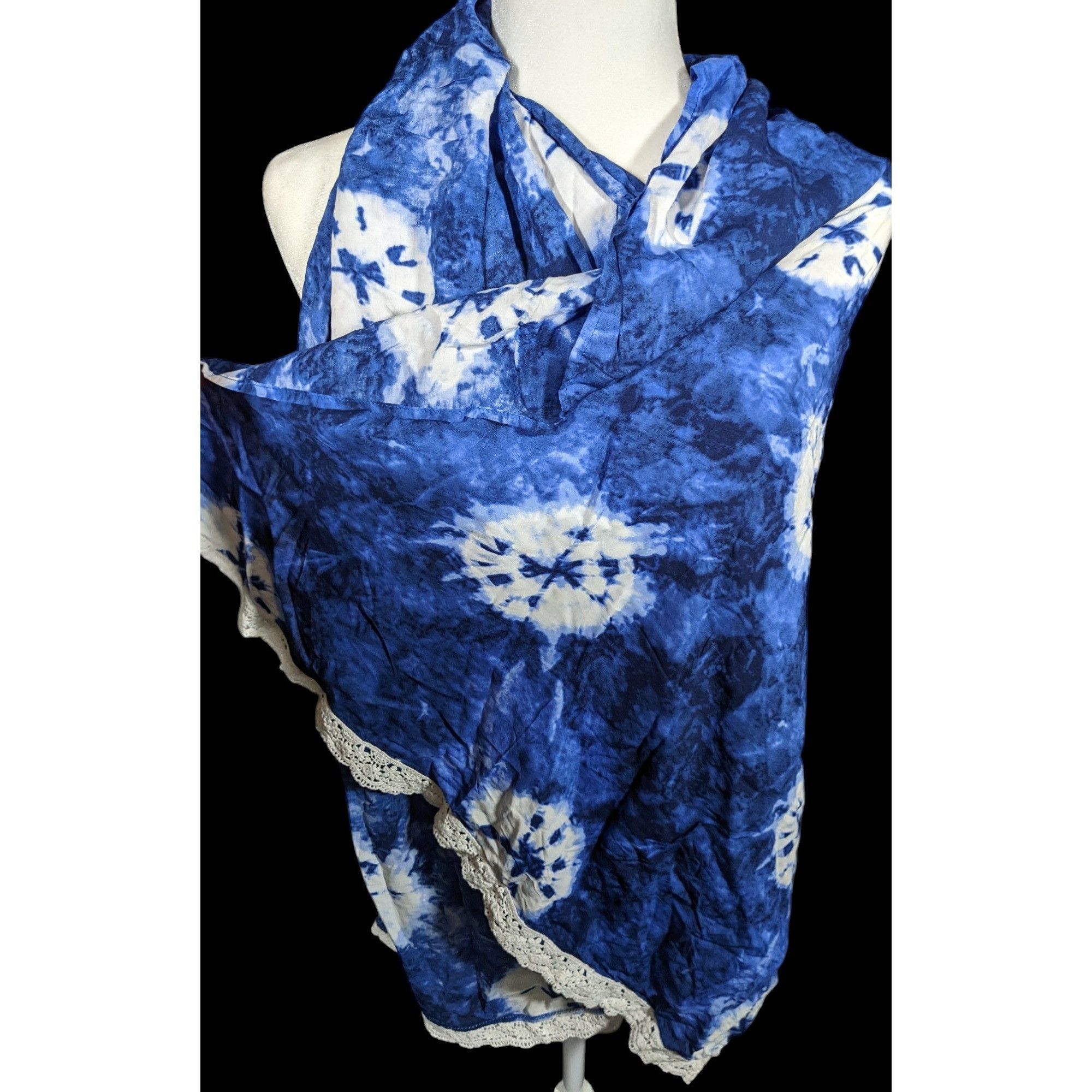 Other Bohemian Floral Blue And White Tie Dye Scarf With Lace Trim Size ONE SIZE - 3 Thumbnail