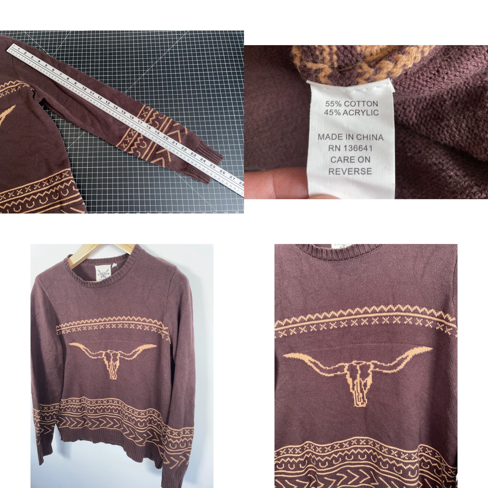Vintage Cotton & Rye Longhorn Sweater Women's XL Brown Crewneck Western Knit Pullover Casual Size XL / US 12-14 / IT 48-50 - 8 Thumbnail