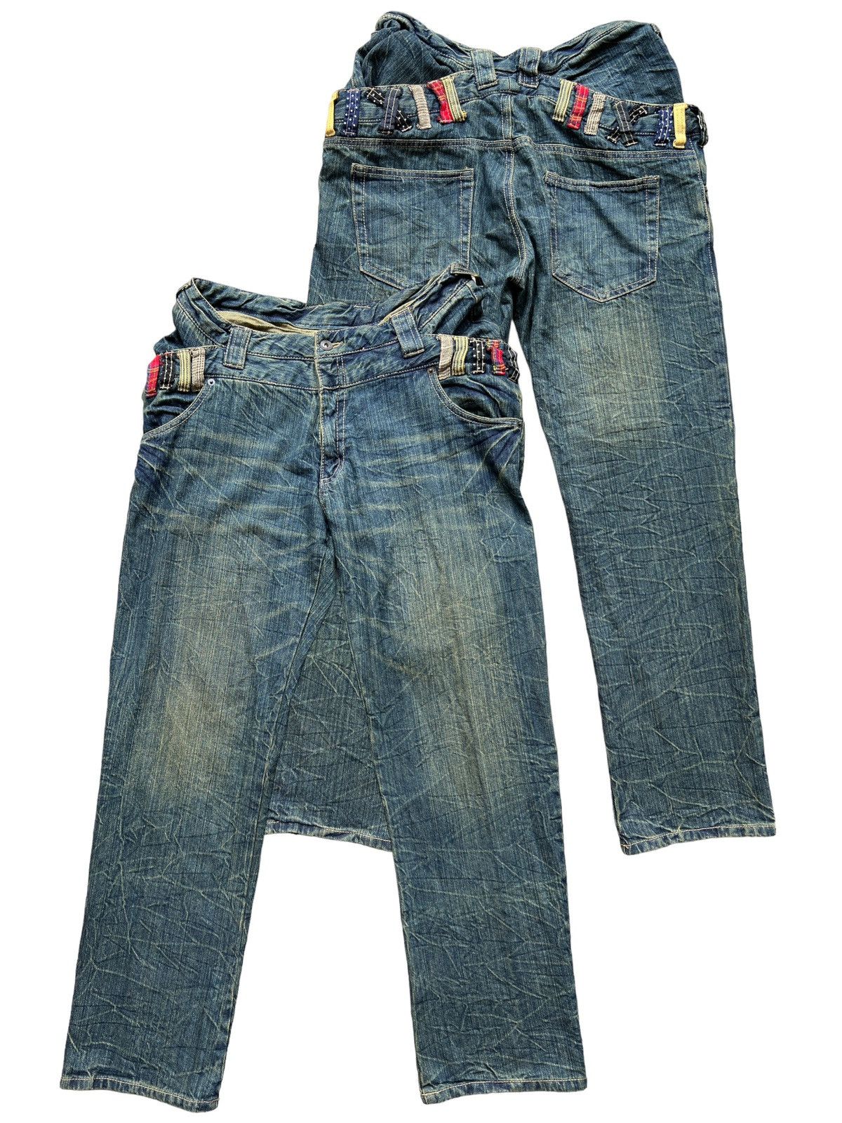 image of Archival Clothing x Beauty Beast Double Waist Rusty Distressed Denim 32X31 in Yellow/Blue/Rust