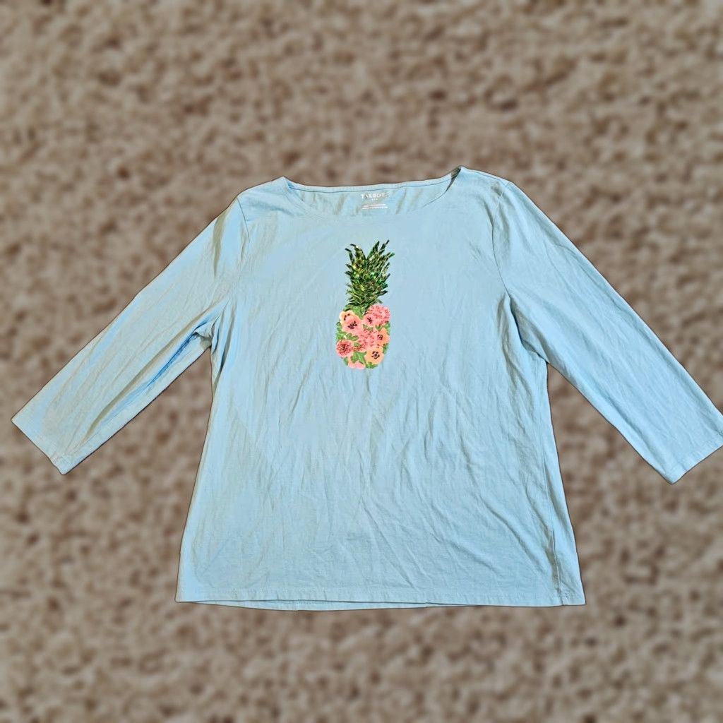 Talbots Talbots Womens Large Blue Pineapple Sequins Round Neck 3/4 Sleeve Casual Sweater Size L / US 10 / IT 46 - 1 Thumbnail