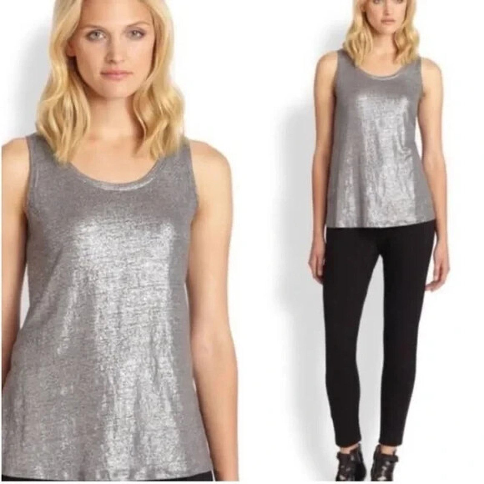 New Eileen Fisher Ash Silver Linen Jersey Shimmer Top 2X
