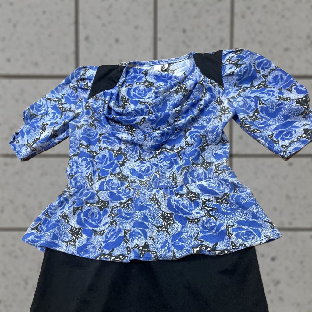 Vintage VINTAGE Nicki's Girl Sheath Dress Shirt Dress 80s Floral Blue Knee Length Ruched Peplum Cowl Neck Women Size 2 Girls Mens Womens Size XS / US 0-2 / IT 36-38 - 1 Thumbnail