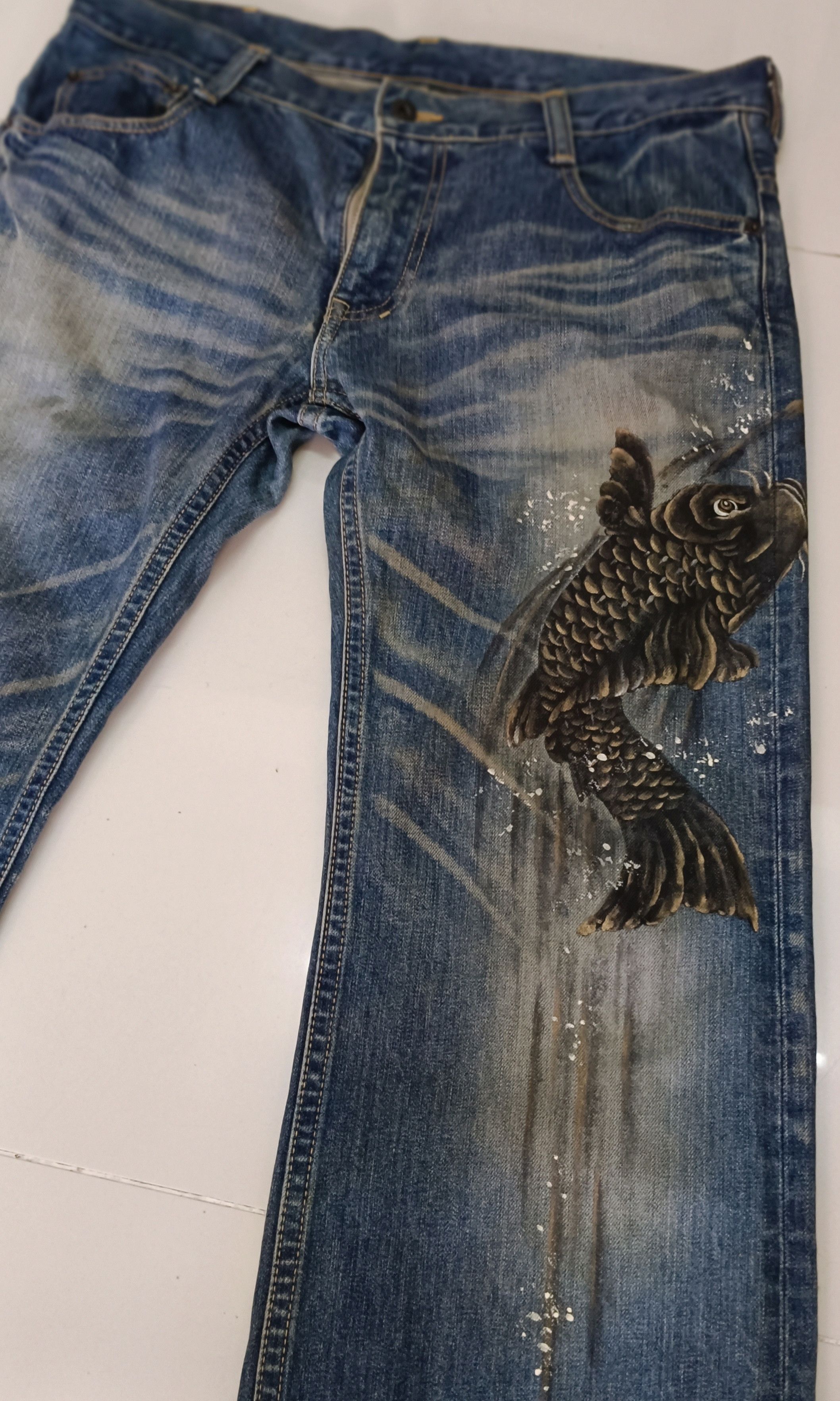 Japanese Brand Japanese Naminori Tatsujin Distressed Paint Koi Fish Jeans Size US 36 / EU 52 - 3 Thumbnail