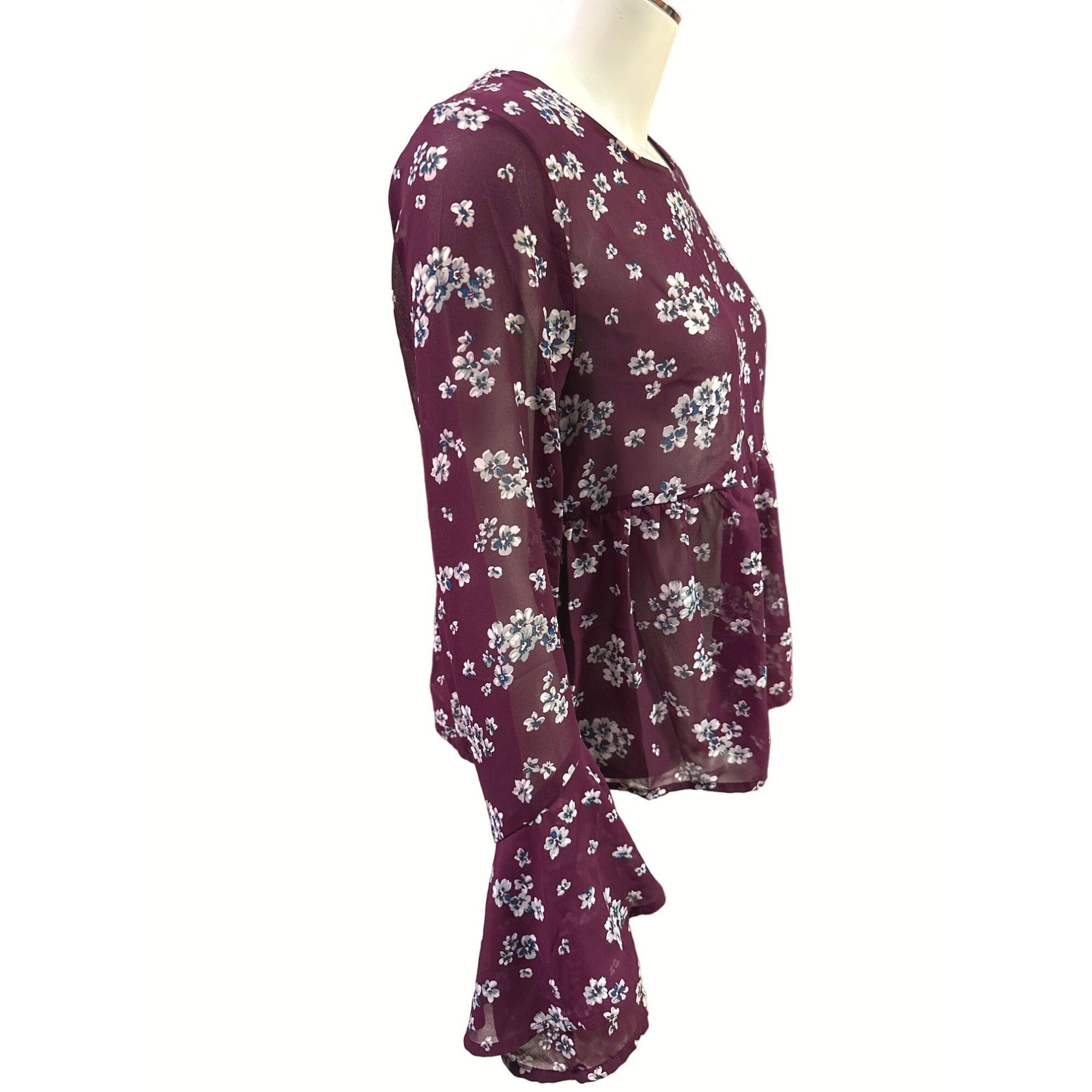 Aeropostale Aeropostale Sheer Floral Chiffon Blouse Size Small Burgundy Size S / US 4 / IT 40 - 2 Thumbnail