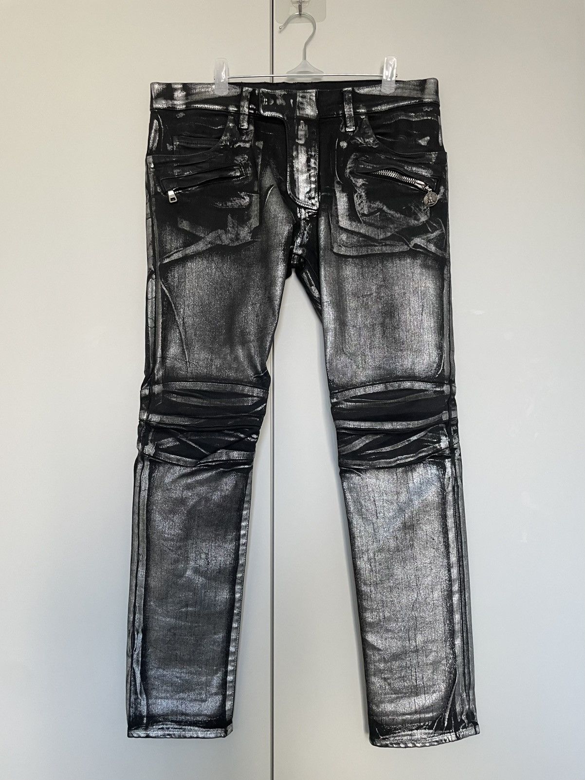 Sold)Balmain decarnin ss11 silver waxed coating jeans
