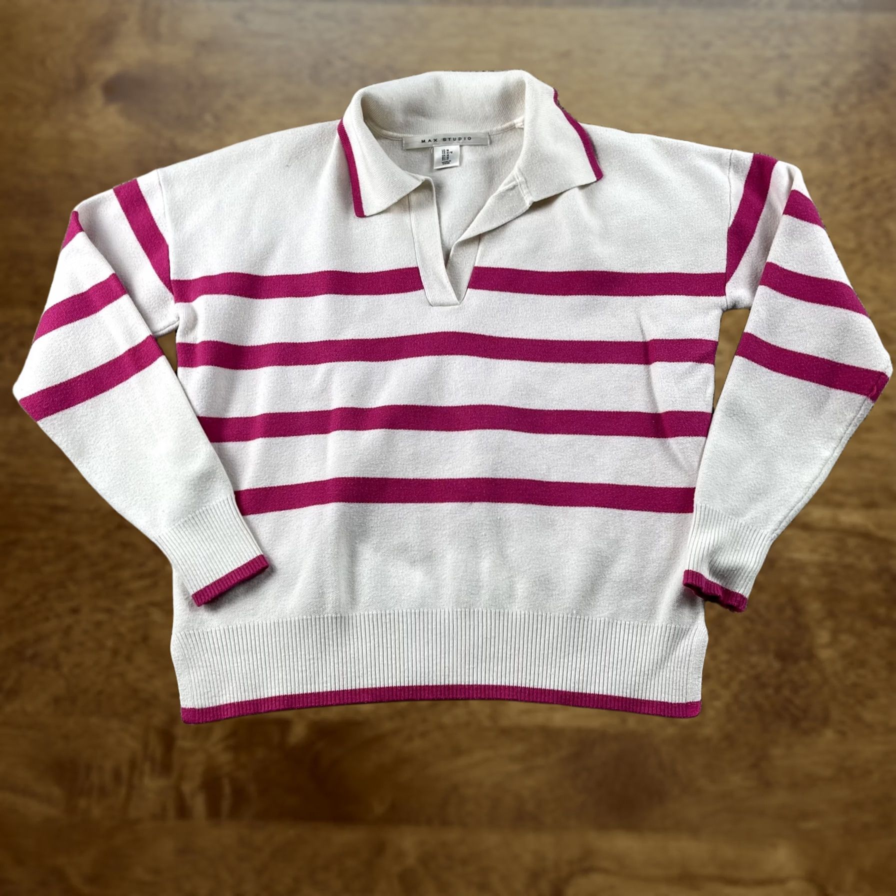 Vintage VINTAGE Max Studio Sweater Womens M Collared Striped Knit White Pink Pullover Size M / US 6-8 / IT 42-44 - 1 Thumbnail