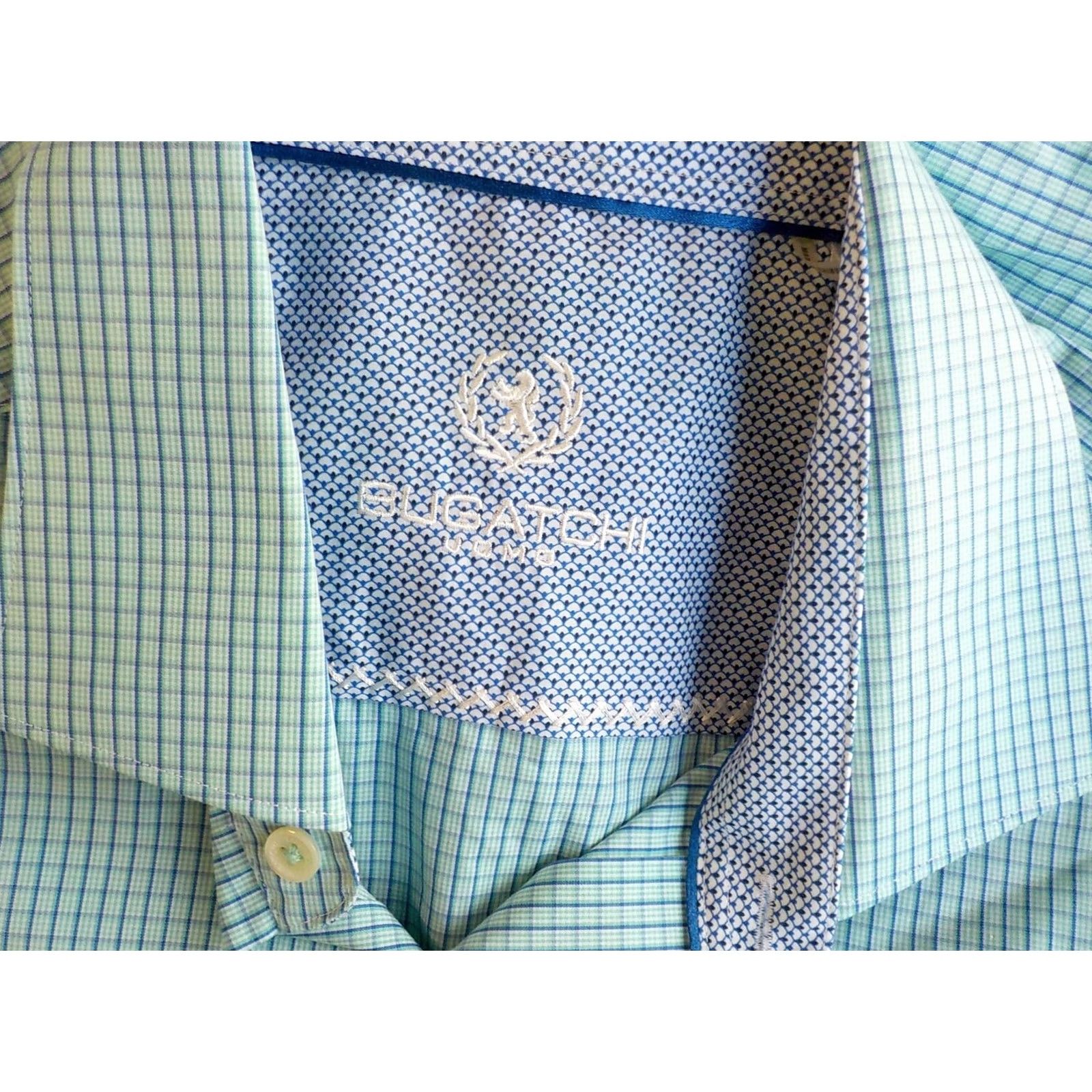 BUGATCHI BUGATCHI Uomo Check Flip Cuff Shirt SZ 16.5 Teal/Blue Dress Shirt 100% Cotton Long Sleeve Mens Regular Adult Size US XL / EU 56 / 4 - 5 Thumbnail