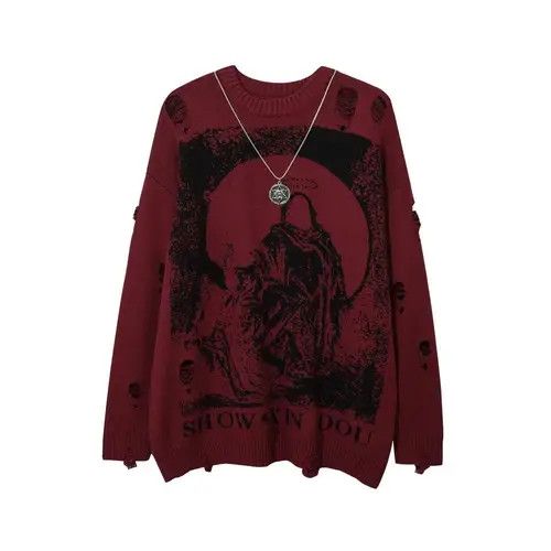 Japanese Brand × Vintage Streetwear Printed Ripped Oversized Knitted Sweater Size US L / EU 52-54 / 3 - 1 Thumbnail