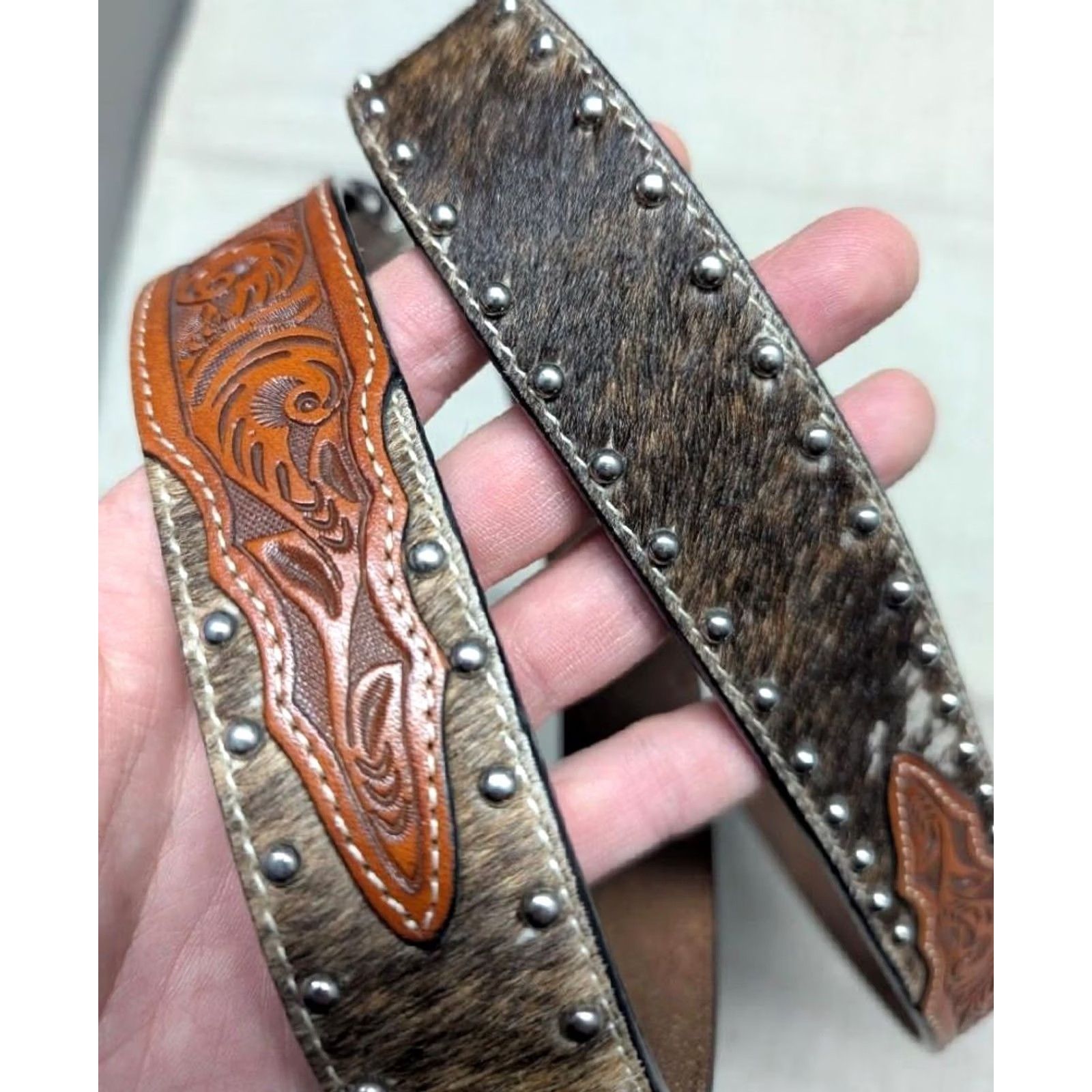 Vintage VINTAGE western belt 36 leather studs cowhair buckle rodeo Y2K cowboy Mens Size 36 - 4 Thumbnail