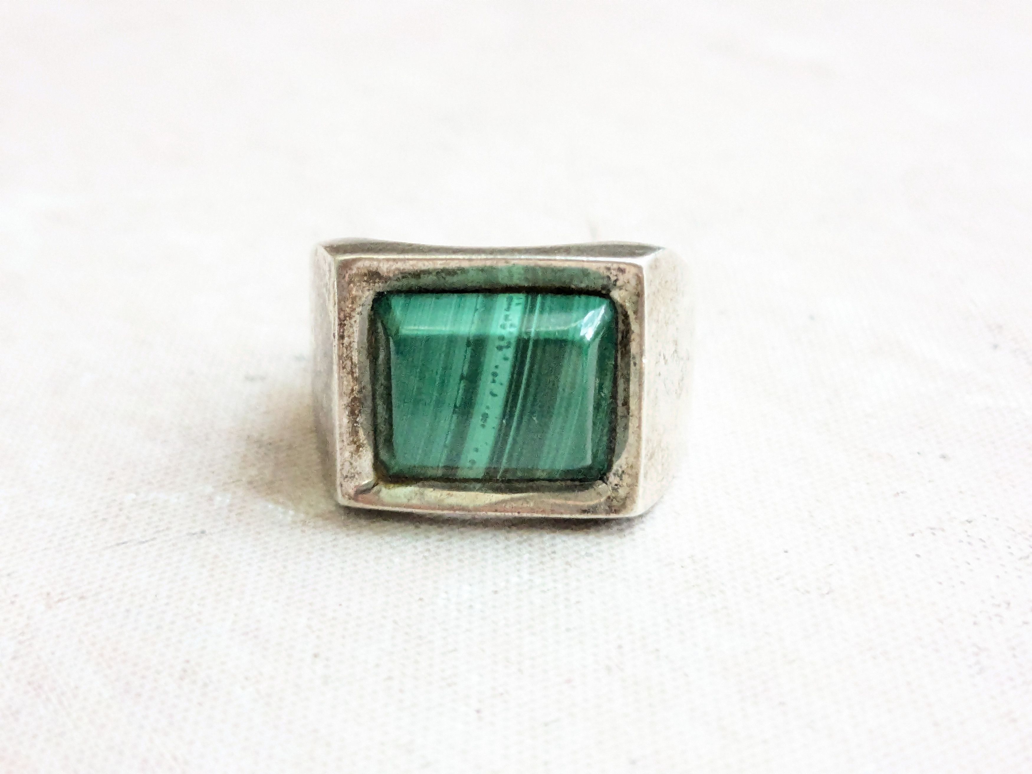 Sterling Silver Vintage Sterling Silver Ring Taxco Green Malachite 10.25 Size ONE SIZE - 5 Thumbnail