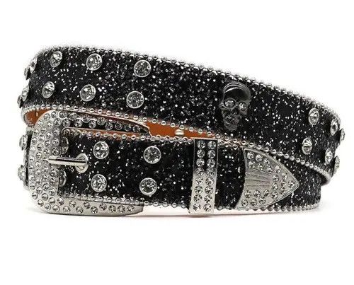 VIBE Diamond Bling Strap Skull Black PU Leather Belt Size ONE SIZE - 5 Thumbnail