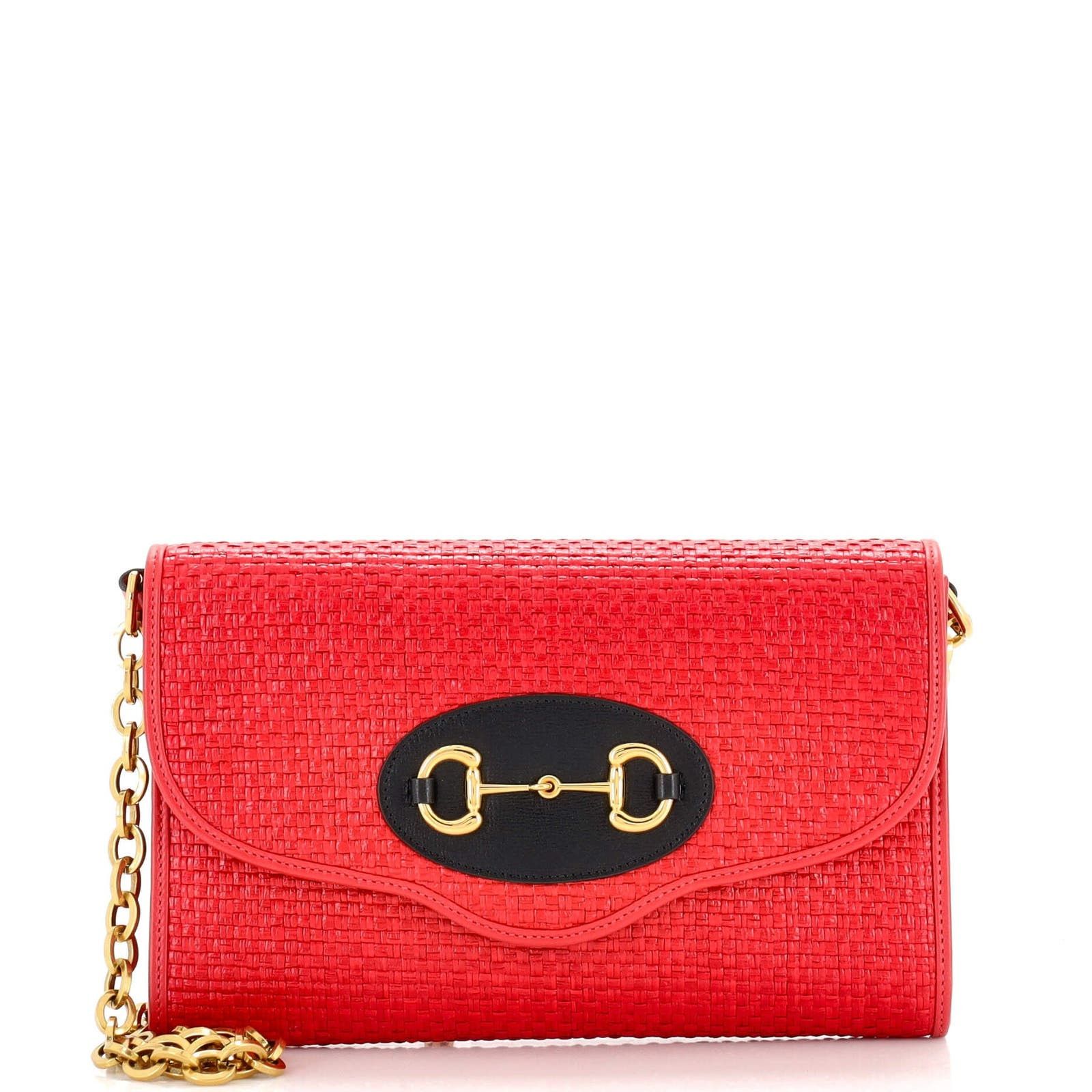 image of Gucci Horsebit 1955 Curved Flap Shoulder Bag Raffia Small in Red, Women's