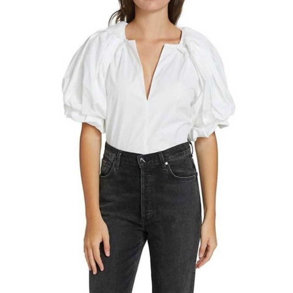 image of A L C A.l.c. White Cara Puff Sleeve Split V Neck Popover Cotton Bl, Women's (Size Medium)