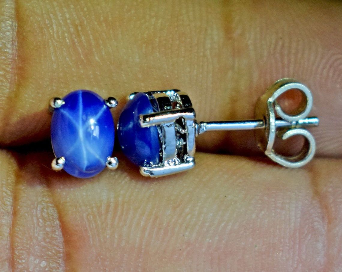 Handmade Blue Star Sapphire Sterling Silver Stud Earrings Size ONE SIZE - 2 Thumbnail