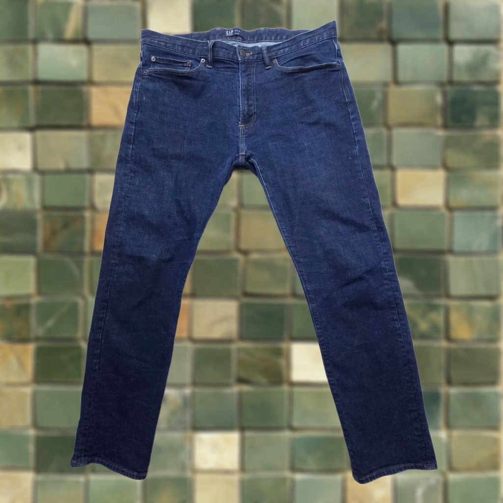 Gap Gap Jeans Mens Slim Straight 36 x 30 Inseam Dark Wash Denim Cotton Blend 5-Pocket Image Logo Button Blue USA 1969 Size US 36 / EU 52 - 1 Thumbnail