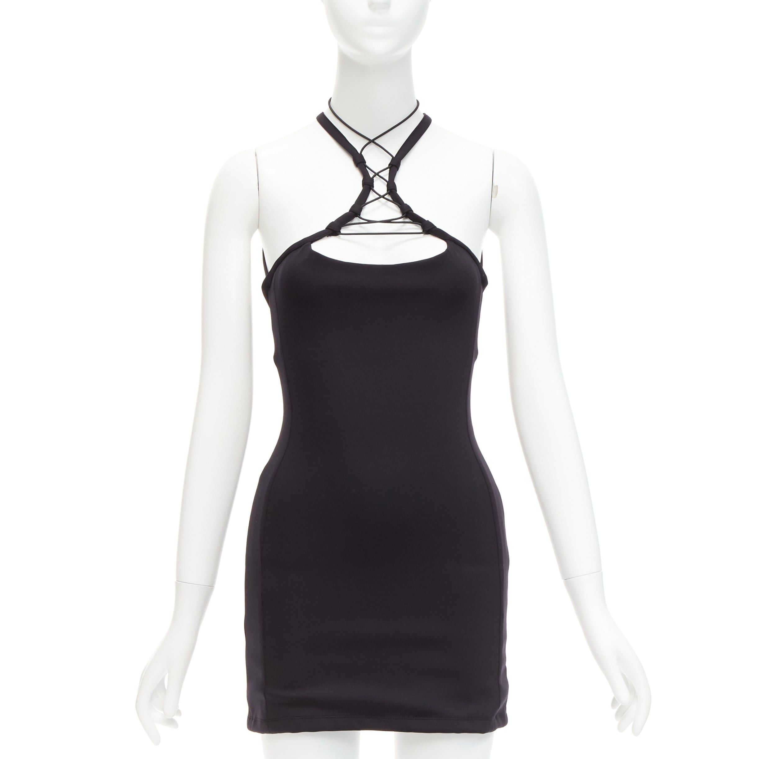 image of Monse Black Jersey White Logo Back Sportif Bungee Strap Halter Mini Dress Xs, Women's (Size Small)