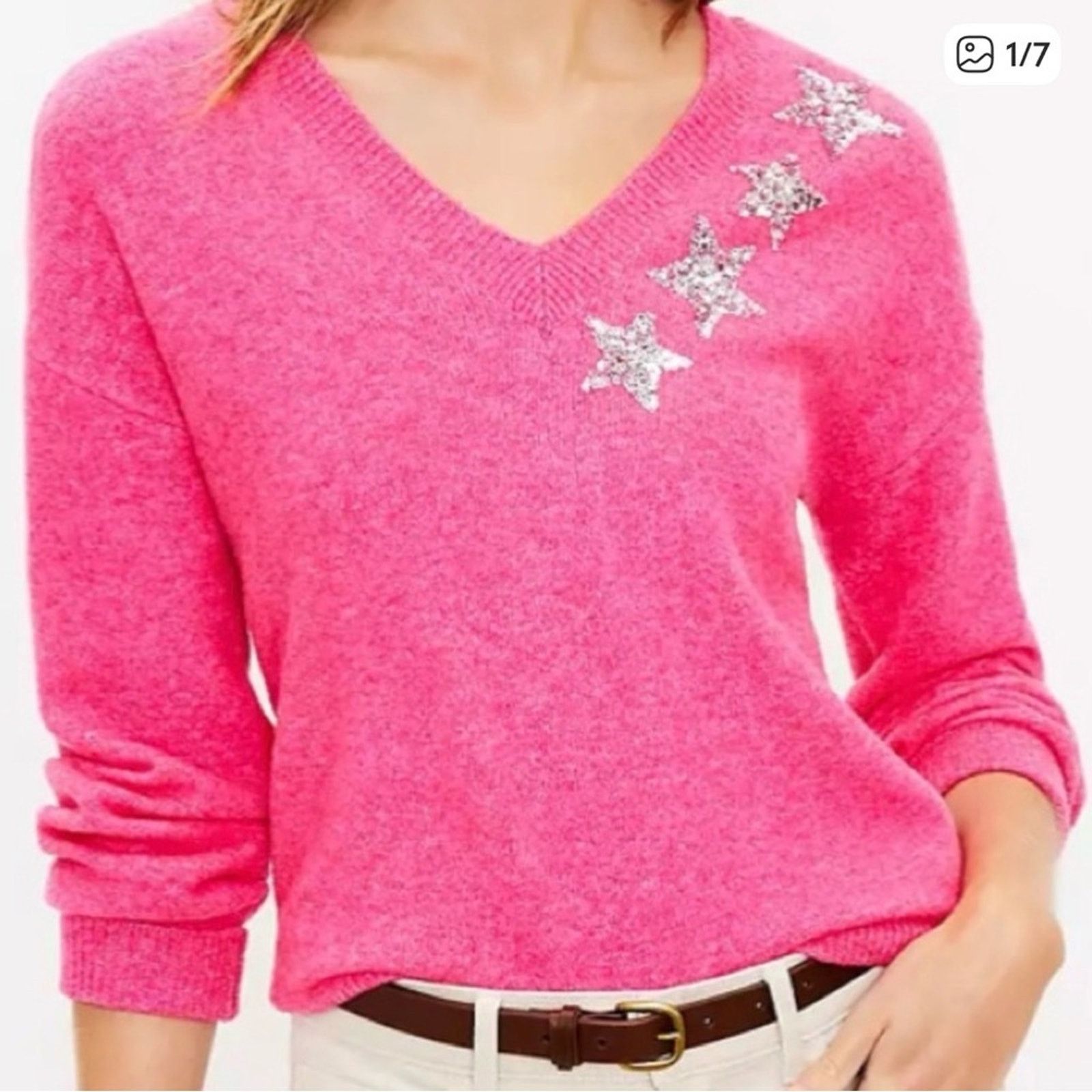 Loft LOFT Pink V-Neck Sweater with Silver Star Accents size XS Size XS / US 0-2 / IT 36-38 - 1 Thumbnail