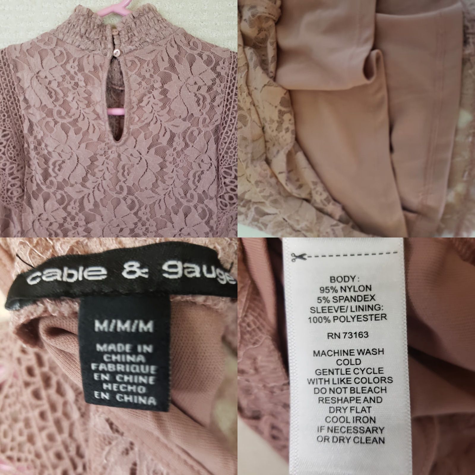Vintage Cable & Gauge Blouse Women's Mauve Floral Lace Sleeveless Lined Mock Neck Size M, Regular Fit Size M / US 6-8 / IT 42-44 - 8 Thumbnail