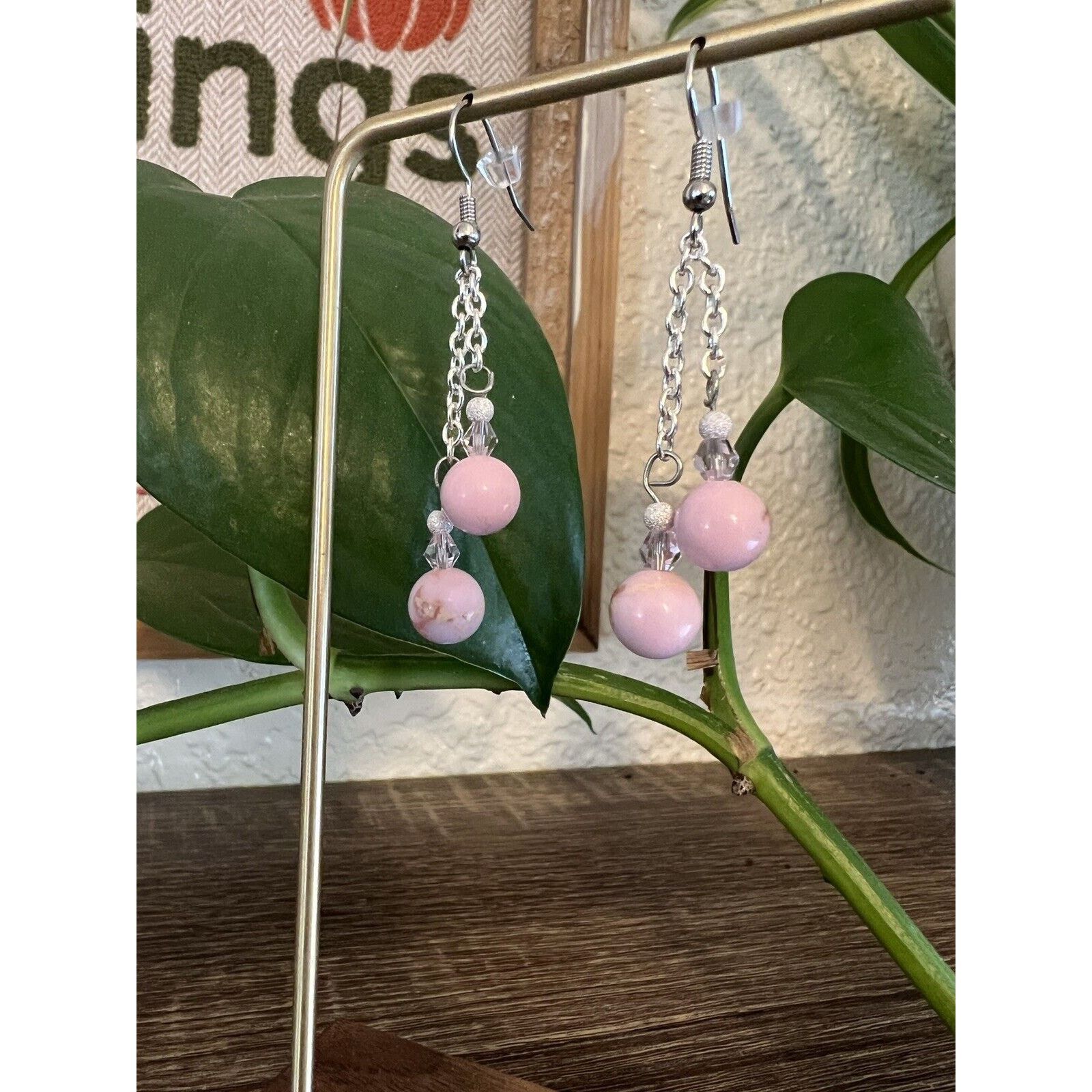 Handmade Pink Turquoise Crystal Beaded Drop Dangle Earrings Hook Size ONE SIZE - 2 Thumbnail