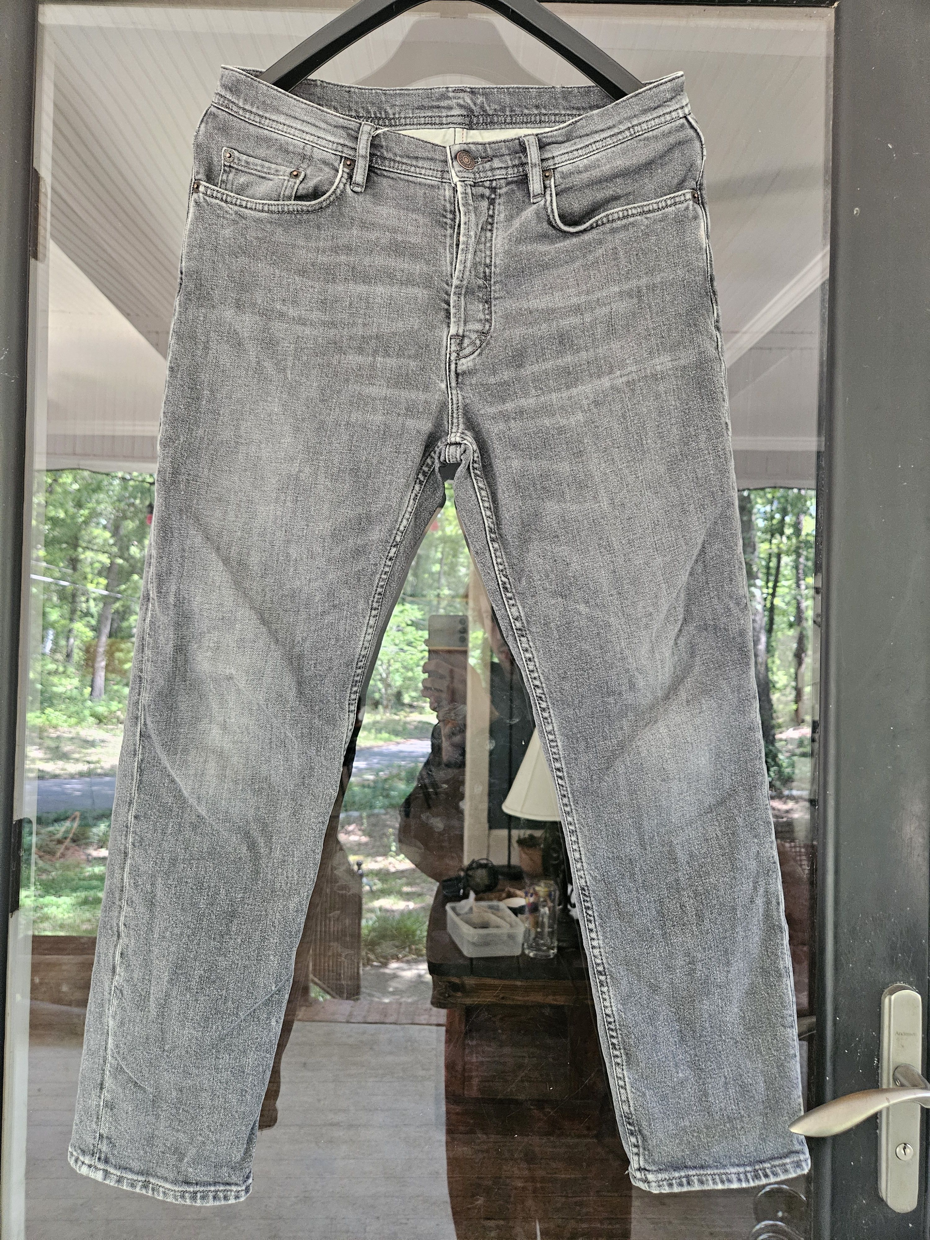 Acne Studios River Ash Black Leather Back Patch Gray Soft Denim Jeans Size US 31 - 2 Thumbnail