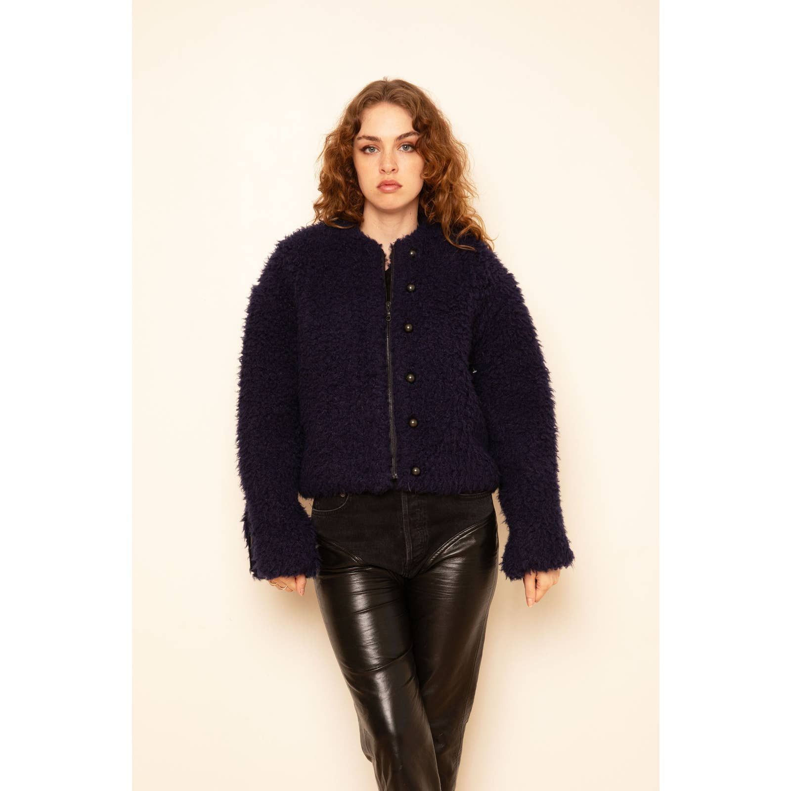 image of Vintage Kenzo Y2K Navy Blue Faux Fur Bomber Jacket, Women's (Size XS)