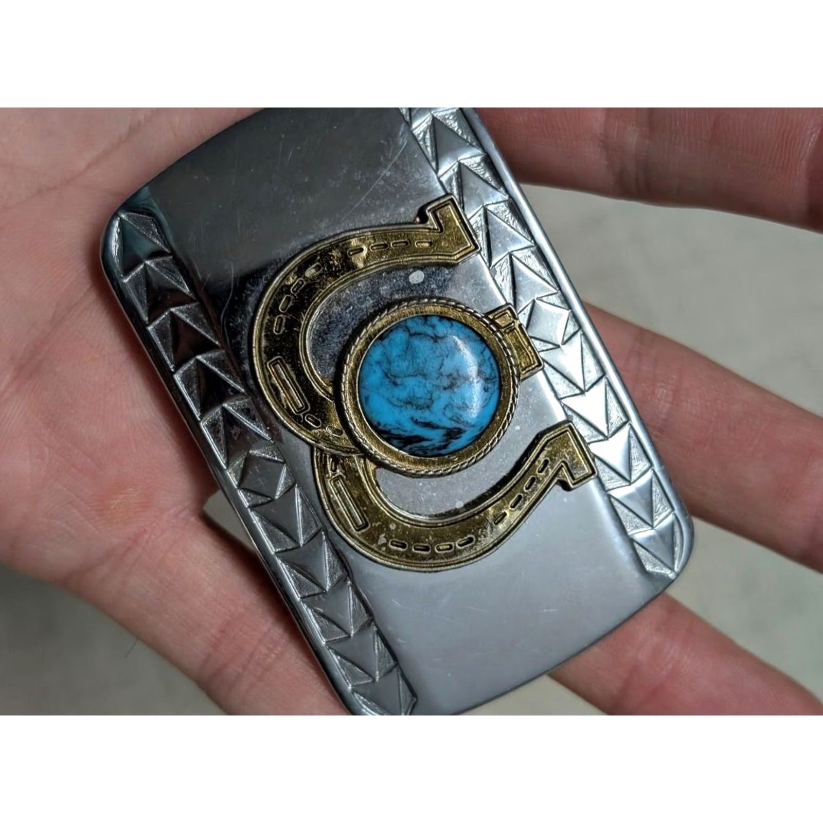 Vintage VINTAGE HORSESHOES Belt Buckle CHROME turquoise stone WESTERN cowboy Mens Size ONE SIZE - 2 Thumbnail