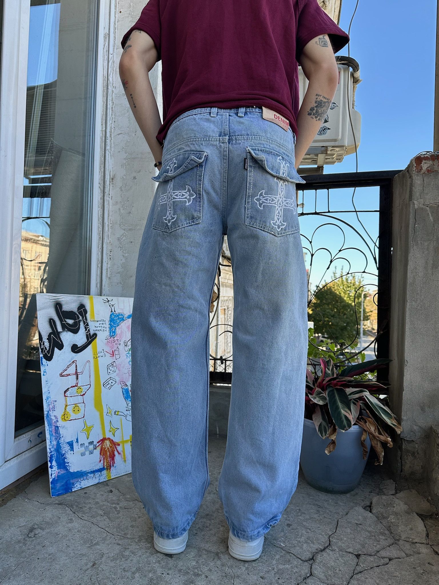 Affliction Crazy vintage y2k baggy faded cross jeans Ed hardy style Size US 34 / EU 50 - 1 Thumbnail
