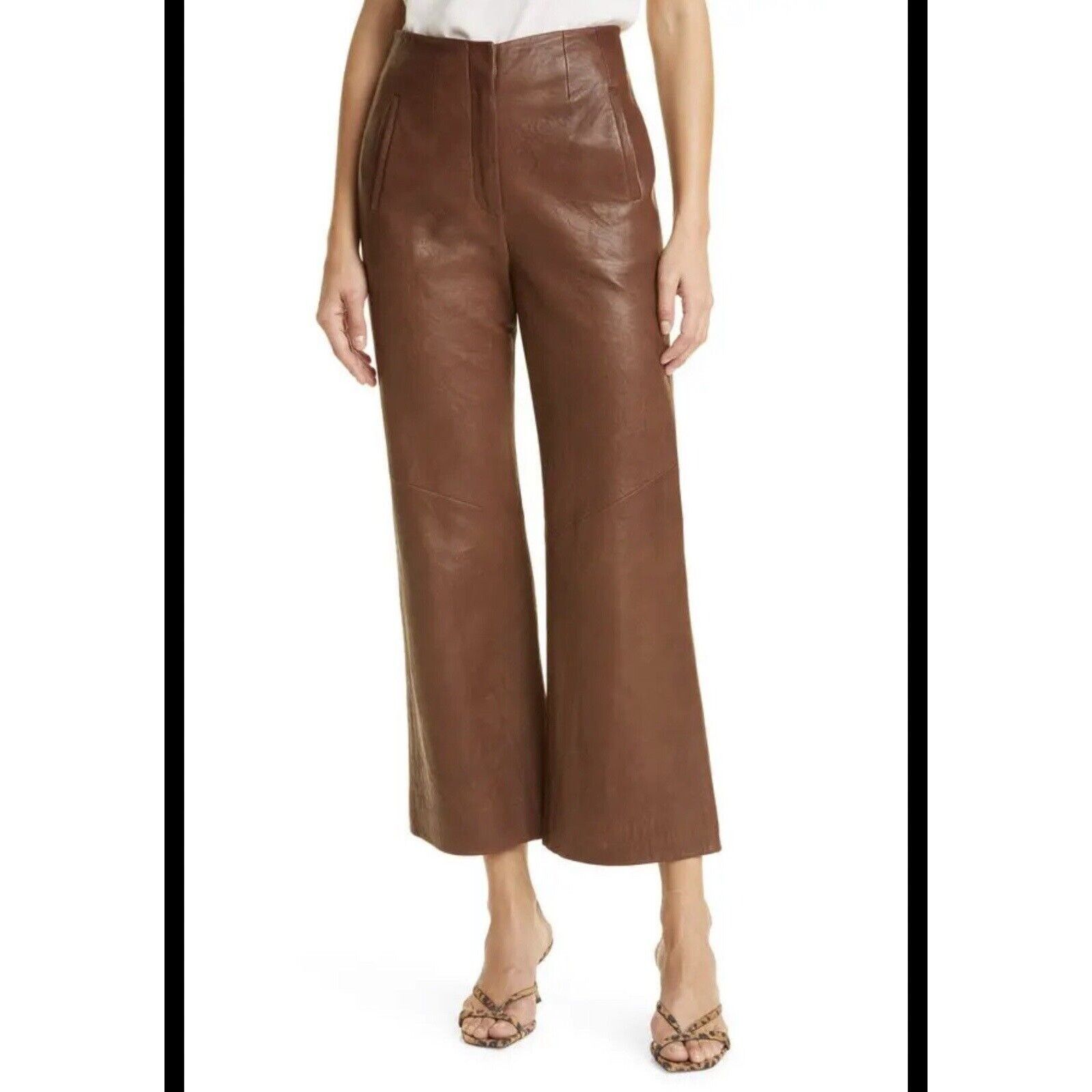 image of Veronica Beard Brown High Ride Wide Leg Crop Leather Pants 8, Women's (Size 30)