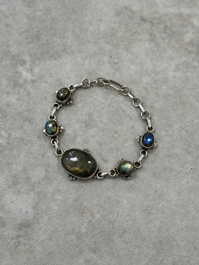 Vintage 1990s Silver & Labradorite Contemporary Relief Bracelet Size ONE SIZE - 2 Thumbnail