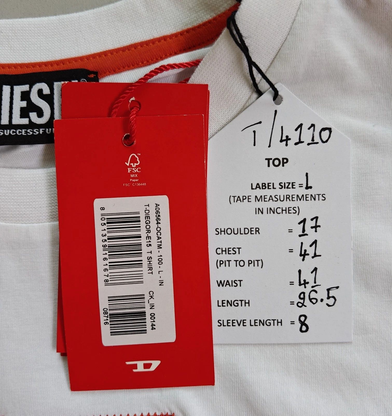 Diesel DIESEL White T-Shirt With Logo Patch FTP 4110 Size US L / EU 52-54 / 3 - 5 Thumbnail