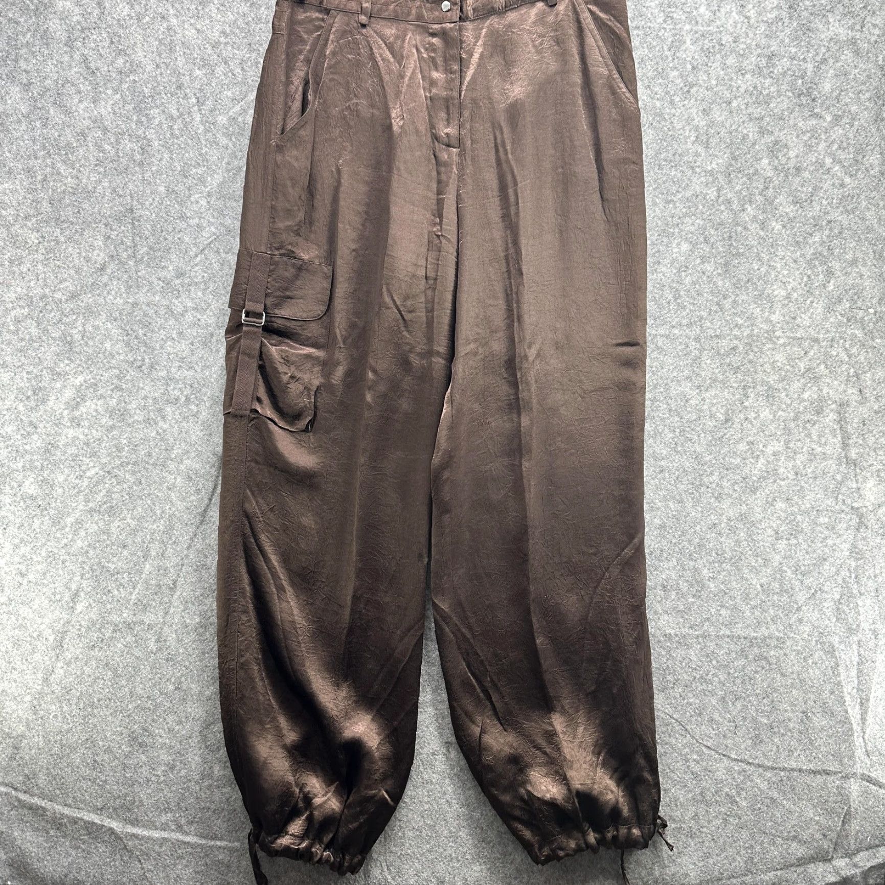 Vintage Spenser Jeremy Pants Womens 12 Brown Cargo Jogger Pleated Zip Fly Elastic Satin Tapered Pockets Cuffed Size 34" / US 12 / IT 48 - 2 Thumbnail