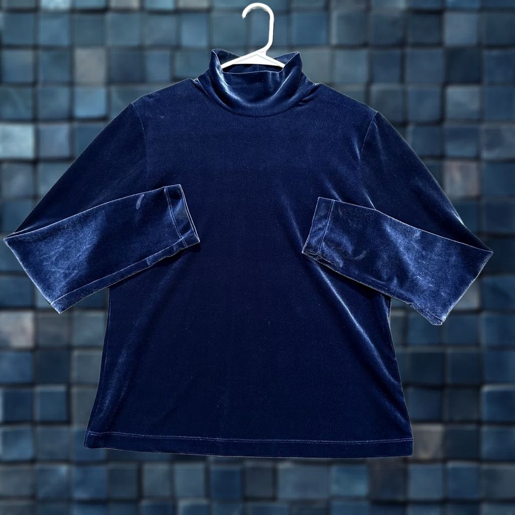 Lands' End VINTAGE Lands End Shirt Womens L Blue Velour Velvet Long Sleeve Turtleneck GUC 90s Size L / US 10 / IT 46 - 1 Thumbnail