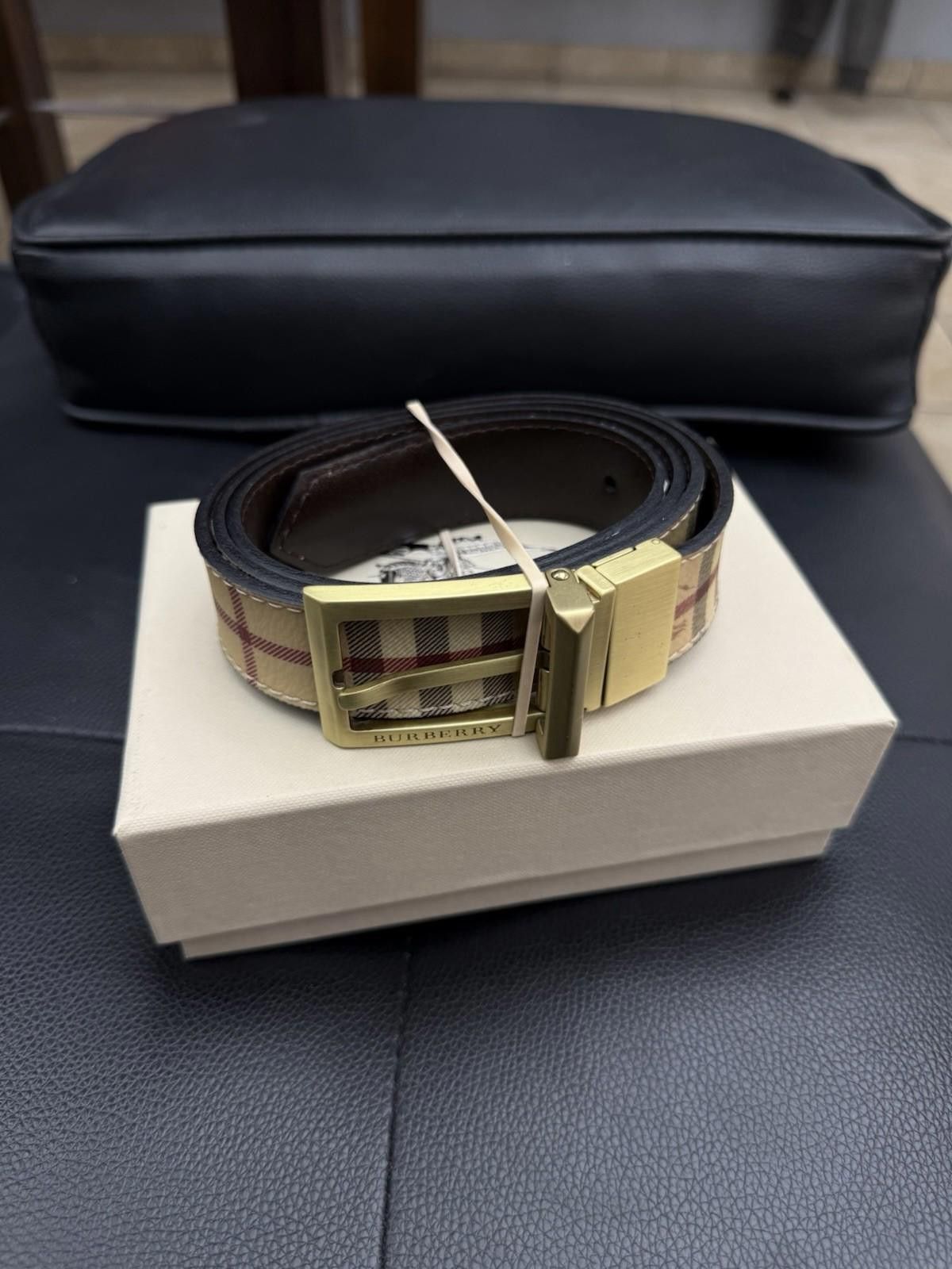 Burberry Burberry Leather Canvas Check Print Gold Buckle Belt 38/95 Size ONE SIZE - 2 Thumbnail